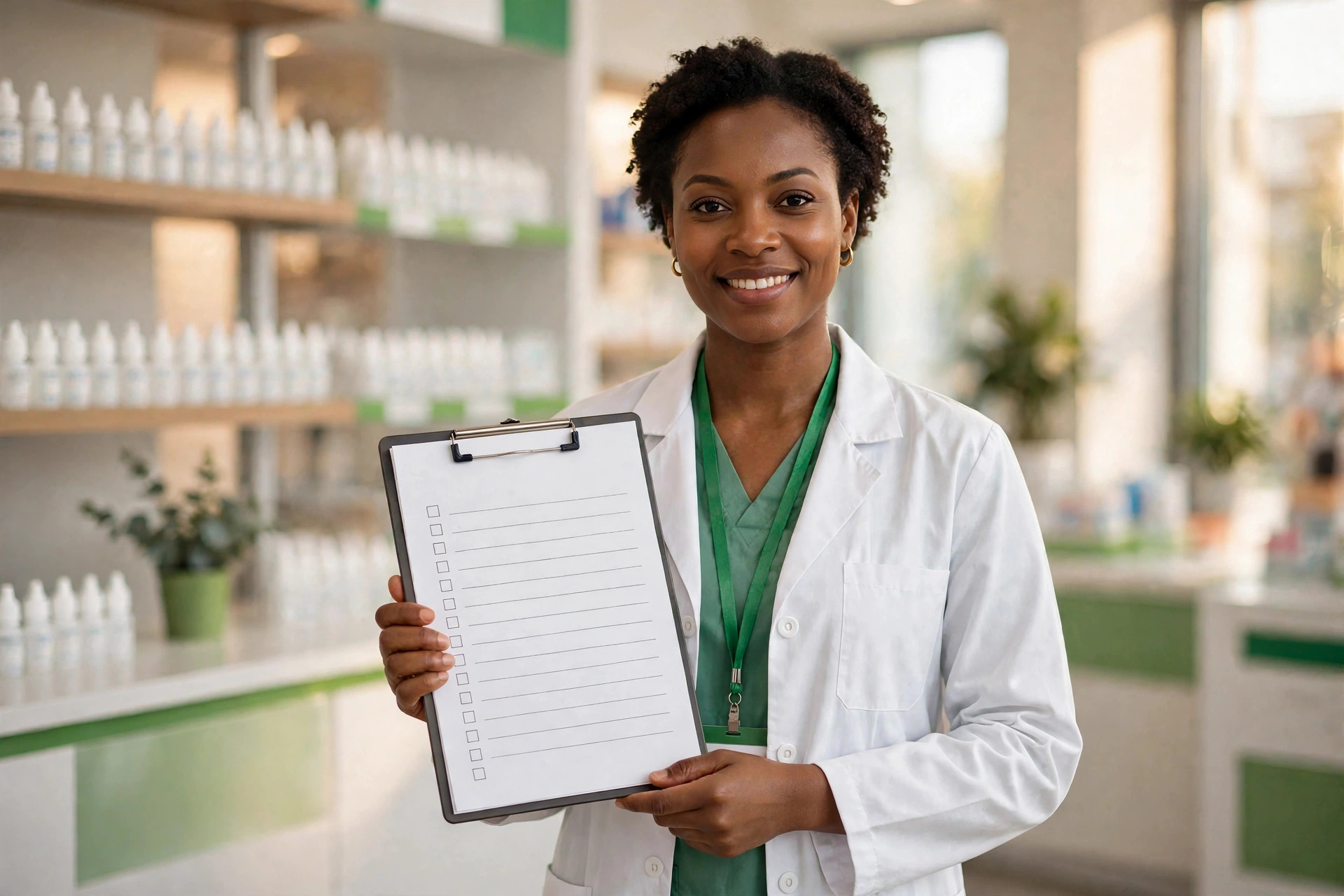 Nigerian pharmacist holding a registration checklist